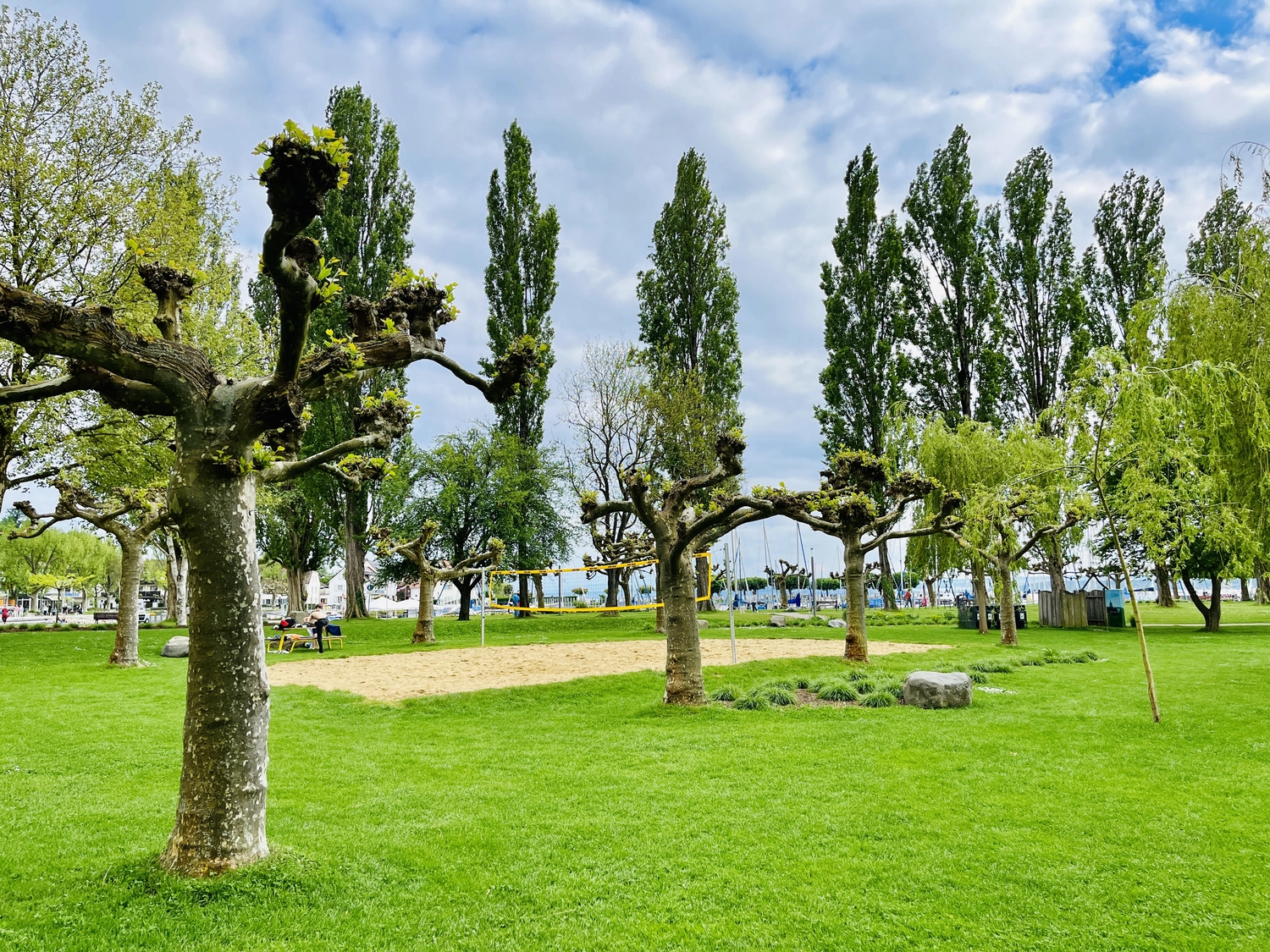 Holzbrücke über Wasser mit Hütten am Ufer in Uhldingen Mühlhofen, ideal für Luxus-Ferienwohnungen am Bodensee.
